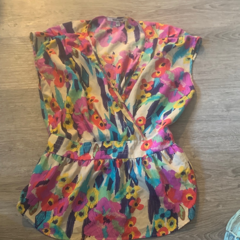 Daniel Rainn Vibrant Floral Blouse - Pink, Yellow, Blue Sheer